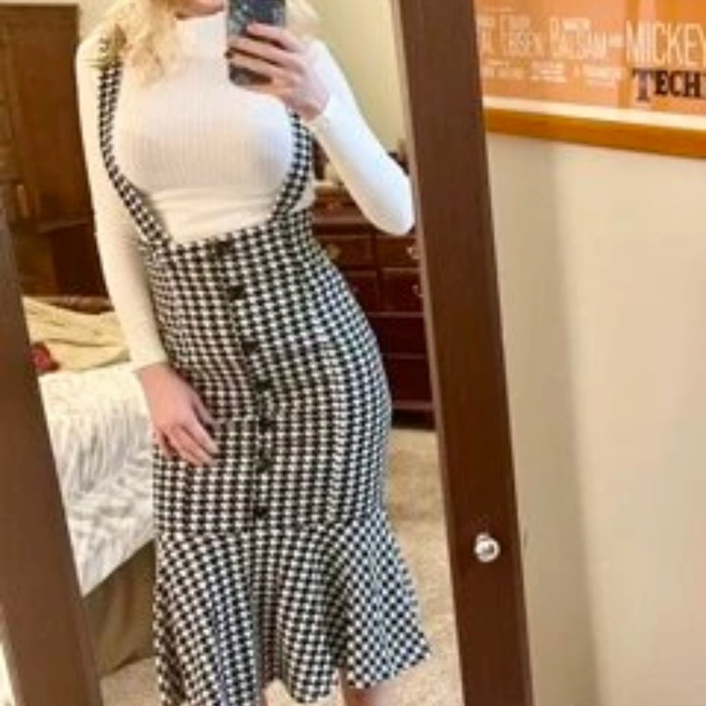 Houndstooth Print Mermaid Hem Skirt with suspenders - Picture 5 of 8
